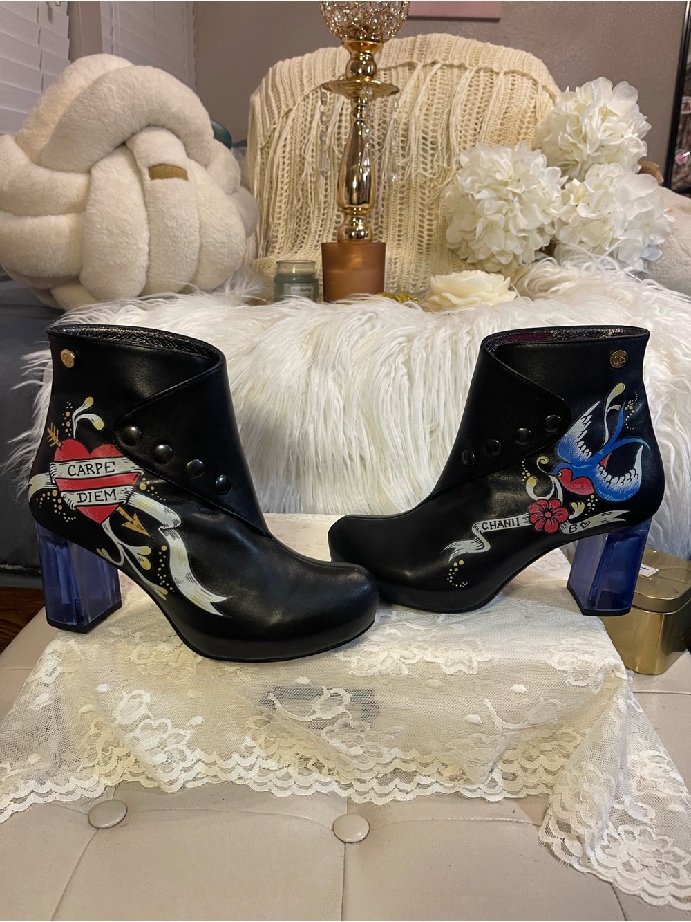 Chanii B Carpe Diem NWOT Black Tattoo Ankle Boot (Limited Edition) MSRP$714